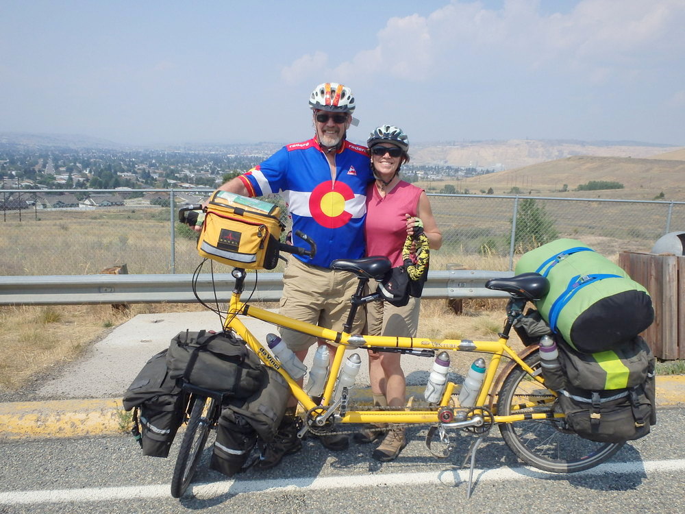GDMBR: Terry and Dennis Struck at the I-15 Viewing Area of Butte, Montana, just south of the Continental Divide Crossing #4 on the Great Divide Mountain Bike Route (GDMBR), August, 2015.